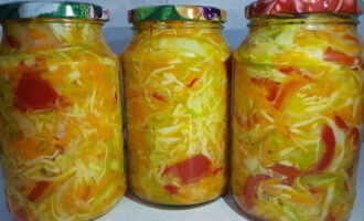 Spălăm borcanele în care salata va fi păstrată bine sub apă fierbinte și sifon și le sterilizăm în orice mod convenabil. Peste ele se aseaza salata, se acopera cu un capac si se pun borcanele intr-o cratita cu apa. Se aduce la fierbere si se sterilizeaza 30-40 de minute (pentru borcanele de litri) dupa fierbere. Apoi, sigilați borcanele cu capace și lăsați la temperatura camerei până se răcesc. A se păstra într-un loc întunecat și uscat, la temperatura camerei. O deschidem iarna și servim la masă o salată de legume parfumată. Poftă bună!