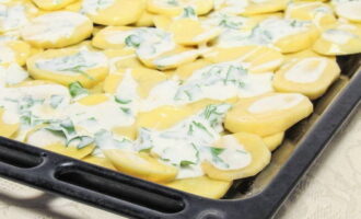 Grasa ang isang baking sheet na may langis ng gulay. Una, maglatag ng isang layer ng patatas, ibuhos ang kalahati ng pagpuno ng kefir dito.