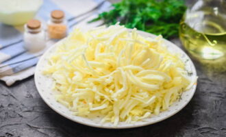 Hugasan ang repolyo at i-chop sa manipis na piraso. Hugasan ang repolyo at i-chop sa manipis na piraso.