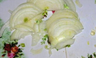 Pel de uien en knoflook. Snijd de ui in dunne halve ringen, hak de knoflook fijn met een mes.