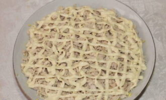 Susunod na mga piraso ng pre-boiled na manok. Magpahid ng mayonesa.