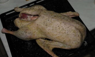 Voeg de gehakte aardappelen lichtjes toe en plaats ze samen met de gepelde teentjes knoflook in het ganzenkarkas. Bestrooi de vogel met versgemalen zwarte peper en marjolein. Voeg de gehakte aardappelen lichtjes toe en plaats ze samen met de gepelde teentjes knoflook in het ganzenkarkas. Bestrooi de vogel met versgemalen zwarte peper en marjolein.