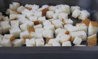 Hoe maak je een heerlijke salade met zalm klaar? Snijd het brood in blokjes, leg het op een bakplaat en droog het in de oven tot het goudbruin is.