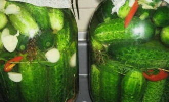Umpleți castraveții cu saramură și acoperiți gâturile borcanelor cu tifon. Rearanjam borcanele intr-o tava si lasam saramura la fermentat la loc caldut 2 zile.