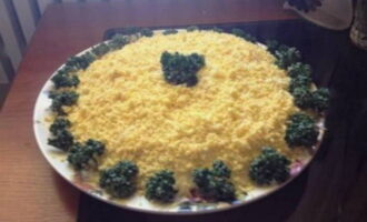Isang simple at masarap na salad ng kaarawan ay handa na! Bago ihain, hayaang umupo ang Mimosa sa refrigerator nang ilang sandali, pagkatapos ay palamutihan ng mga sariwang damo at ihain.