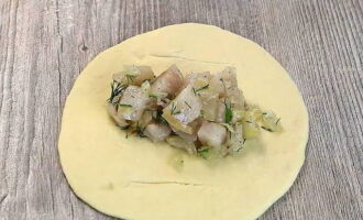 Rol elk stuk deeg op de tafel tot een gelijkmatige bal. Neem de eerste portie deeg en rol het uit met een deegroller tot je een dunne platte cake krijgt, plaats een eetlepel vulling in het midden. Maak sneden aan beide zijden van de vulling. Rol elk stuk deeg op de tafel tot een gelijkmatige bal. Neem de eerste portie deeg en rol het uit met een deegroller tot je een dunne platte cake krijgt, plaats een eetlepel vulling in het midden. Maak sneden aan beide zijden van de vulling.