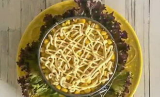 Asezati un strat de file de pui pe fundul salatei si acoperiti-l cu maioneza (sub forma de plasa). Pentru a acoperi straturile cu sos, puteți folosi o seringă culinară sau o pungă de mâncare obișnuită (puneți maioneză în colțul pungii, faceți o tăietură mică și desenați o plasă). Acoperiți maioneza cu un strat de ananas și formați din nou o rețea de sos.