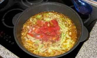 Voeg vervolgens de tomaten toe, roer en laat de lagman op middelhoog vuur sudderen.