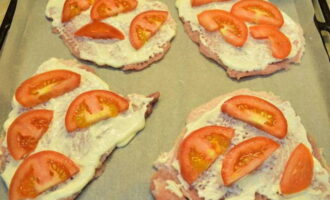 Snij de tomaten in plakjes. Leg de tomaten tussen de karbonades, voeg zout toe en breng de karbonades op smaak.