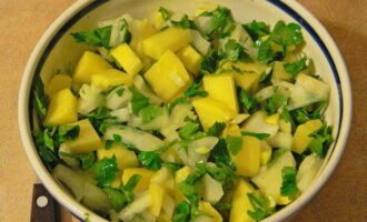 Balatan at hugasan ang mga patatas at sibuyas. Gupitin ang mga ito sa mga cube at ilagay ang mga ito sa isang malalim na plato. Naglagay din kami ng tinadtad na perehil dito. Asin, paminta, budburan ng suneli hops at pukawin ang mga sangkap.