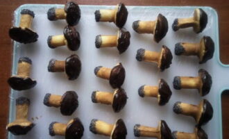 Doppa stjälkarna av svampen i socker-citronblandningen och sedan i vallmofrön; smörj locken med choklad. Lägg de dekorerade kakorna på en skärbräda täckt med matfilm och ställ in dem i kylen i 60-90 minuter.