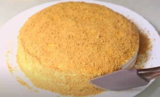Các mảnh vụn nướng được nghiền thành vụn, và toàn bộ bề mặt của bánh được rắc đều.