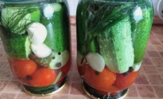 Các lọ cuộn tròn đựng các loại cà chua và dưa chuột được đặt trên nắp, phủ bất kỳ lớp áo lông nào và sau khi nguội hoàn toàn, sẽ cất vào nơi bảo quản. Chúc may mắn và chuẩn bị ngon miệng! 