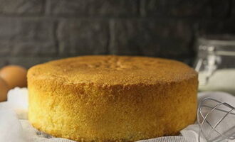 Het biscuitgebak met melk is klaar! Nadat de tijd is verstreken, verwijdert u de verpakking en begint u met het bereiden van taarten of andere desserts. Eet smakelijk!