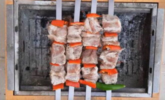 Efter att marineringstiden har gått läggs kebabbitar på spett, kompletterade med grönsaker och kebaben steks på grillen tills den är tillagad. Smaklig måltid!