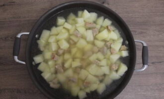 Voeg na een half uur de aardappelen toe aan het vlees. Breng op smaak met kruiden - zout en gemalen peper. Gebruik kruiden volgens uw eigen smaakvoorkeuren. Giet het resterende kokende water erbij. Laat nog eens 20 minuten sudderen, afgedekt met een deksel.