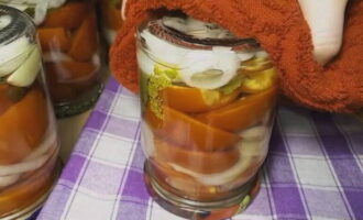 A continuació, tanqueu hermèticament l'amanida de tomàquet per llepar-se els dits, col·loqueu-la sobre les tapes i refredeu-la completament sota una manta tèbia. Podeu emmagatzemar l'amanida a qualsevol habitació fresca i fosca. Preparacions delicioses i reeixides!