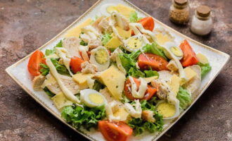 Ihanda ang dressing. Pagsamahin ang asin, paminta at mayonesa. Haluin at ibuhos sa salad.