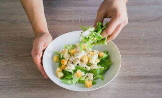 Låt oss börja montera salladen. Lägg hälften av salladsbladen på botten, häll över den beredda såsen och tillsätt hälften av kycklingfilén och krutongerna. Toppa med dressing. Upprepa lager igen och tillsätt osttärningar.