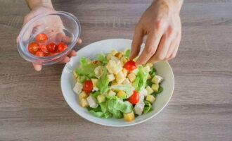 Ringla över resterande dressing. Dekorera med halvor av tomater och ägg, strö över ostspån. Sätt ihop salladen precis innan servering så att krutongerna inte blir blöta och tappar sin krispighet. Sallad med krutonger är klar! Behandla dina nära och kära. Smaklig måltid!
