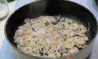Talleu la ceba a mitges anelles fines. Aboqueu una porció d'oli en una paella i sofregiu-hi la ceba fins que estigui daurada. A continuació, afegiu una barreja de verdures congelades a la ceba i sofregiu-ho tot a foc mitjà durant 4-5 minuts.