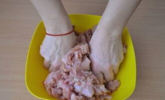 Folosind mâinile, amestecați bine și rapid carnea tocată. Este important ca carnea să rămână rece. Dacă se încălzește, dați-l la frigider.