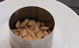 Để tạo thành món salad, hãy chia các bát salad và vòng nấu có đường kính nhỏ. Xếp phi lê gà thái lát vào khoanh làm lớp đầu tiên.