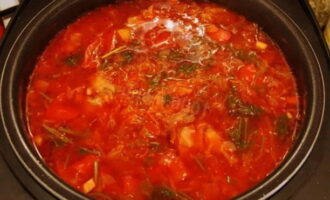Puneți carnea și legumele tocate în vasul multicookerului Redmond. Se dizolvă pasta de tomate în apă rece și se toarnă într-un bol. Adăugați sare cu orice condimente după gust și adăugați apă la ingrediente. Închideți capacul multicookerului. Porniți programul Supă și porniți. Timpul de gătit pentru borș este de 1,5 ore. Servește borșul clasic gătit într-un cuptor lent, fierbinte, acoperit cu pătrunjel proaspăt. Poftă bună!
