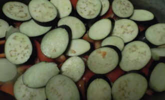 Talleu les albergínies en cercles del mateix gruix que les patates i poseu-les a sobre dels pebrots.
