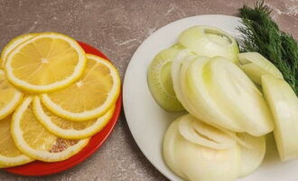 Skär citronen och löken i ringar. Vi tvättar dillgrenarna.