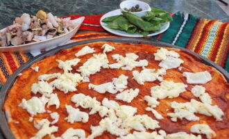 Împărțiți mozzarella în bucăți mici. Le întindem pe toată suprafața bazei.