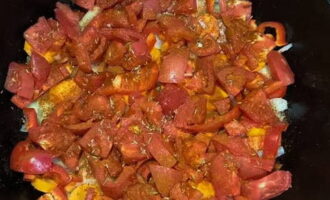 Skala morötterna med en hushållerska och skär i stora cirklar. Lägg på lök. Ta bort stjälkarna från tomaterna och paprikorna, ta bort kärnorna från paprikorna, hacka grovt och fördela över morötterna. Salta och krydda med kryddor.