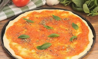 Bestrijk de bodem met tomatenpuree. Voeg oregano en groene basilicum toe.