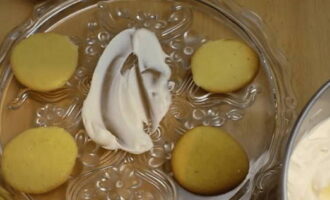 Pentru a asambla Țestoasa, ungeți un vas mare cu smântână și așezați 4 straturi de tort, care vor fi picioarele.