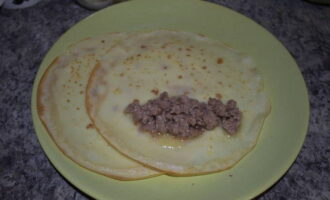 Låt oss skapa en godbit. Placera två pannkakor som överlappar varandra. Lägg fyllningen på hälften av en pannkaka.