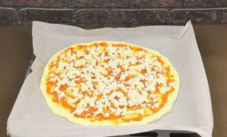 Verdeel de geraspte mozzarella in een gelijkmatige laag over het deeg.
