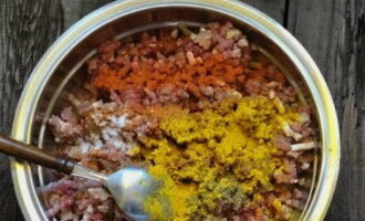 Krydda färsen genom att tillsätta gurkmeja, paprika, salt, mald peppar och koriander.