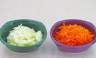 Chúng tôi làm sạch và cắt các loại rau: hành tây thành nửa khoanh, và cà rốt thành những khối nhỏ hoặc ba khối trên máy xay.