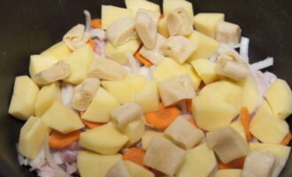 Lägg ingredienserna i lager i en kittel: kött, lök, morötter, potatis, degbitar. Upprepa lager.