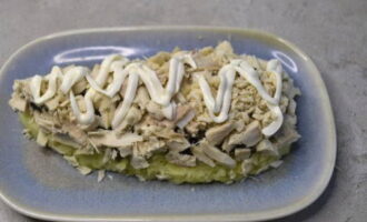 Nästa lager är kokt kycklingkött. Häll majonnäs över beredningen. Fördela det jämnt över ytan.