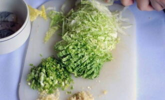 Chinese dumplings kunnen gemakkelijk thuis worden bereid. Snijd de groene bladeren van de Chinese kool in dunne reepjes, bereid de gember en knoflook. Wij snijden ook de bieslook.