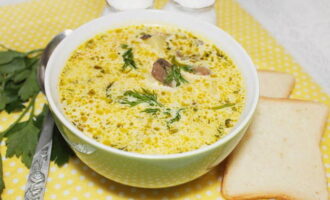 La sopa amb formatge fos, pollastre i xampinyons està llesta. Serviu amb unes verdures!