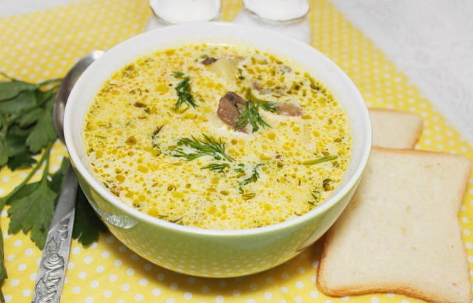 Sopa de formatge amb pollastre i bolets