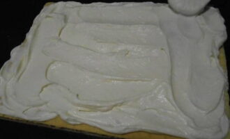Untar la primera capa de pastís amb la meitat de la crema agra.