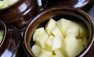 Talleu les patates pelades a daus mitjans i poseu-les a sobre de la ceba.