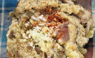 We vullen de bereiding aan met gehakte knoflook, zout en hete peper.