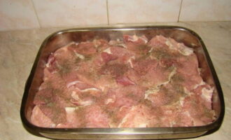 Ilagay ang nagresultang pork chops sa layer ng sibuyas, magdagdag ng asin at paminta sa panlasa.