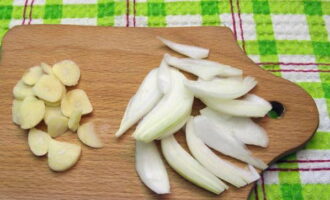Gupitin ang binalatan na sibuyas sa mga balahibo, bawang sa mga talulot.