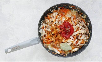 Tillsätt salt, kryddor och tomatsås till köttet och grönsakerna. Blanda innehållet.