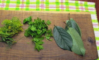 Banlawan ang mga inflorescences ng dill, perehil at dahon ng cherry sa ilalim ng gripo. Gupitin ang mga gulay.